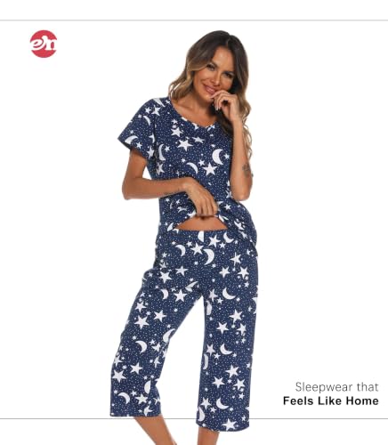 Image of ENJOYNIGHT Womens Pajama Sets Cotton Pj Set Short Sleeve Top With Capri Pants Sleepwear 2 Piece Lounge Set
