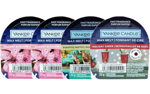 Yankee Candle Scented Wax Melts Set Cherry Blossom Banoffee Waffle Holiday Cheer Fragrances Fast Fragrance 22g Each 4 Pack