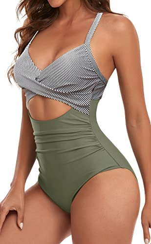 Eomenie Women's One Piece Swimsuits Tummy Control Cutout High Waisted Bathing Suit Wrap Tie Back 1 Piece Swimsuit Green Striped