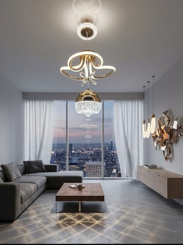 Image of swanart Modern LED Chandelier with Crystal Pendant - Dimmable Gold Ceiling Light Fixture for Living Room, Dining Room, Bedroom