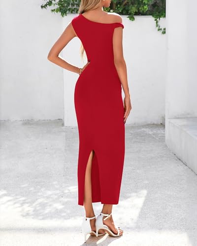 Image of BTFBM Women Formal Cocktail Dresses Summer 2026 One Shoulder Twist Strap Ruched Bodycon Elegant Wedding Party Maxi Dress