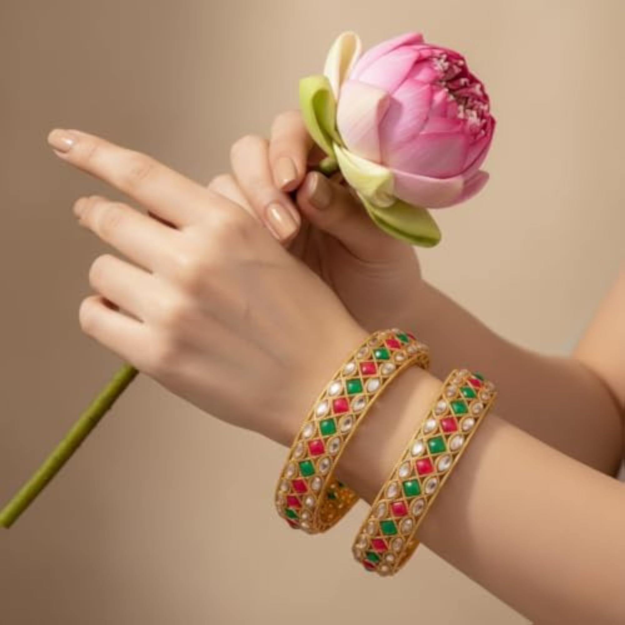 Set of 2 Plated Stone Studded Bangles, Ethnic Style