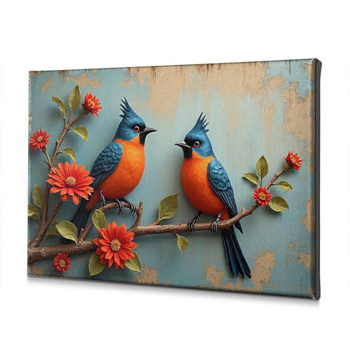 Toile oiseaux colorés et fleurs vibrantes pour apporter joie et poésie à votre salon