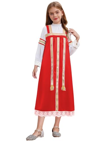Child Girls Russian Ethnic Performance Dress Embroidered Blouse with Overalls and Headpiece White&Red 10 Years