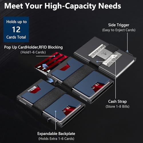 Image of SEMORID Slim Aluminum Card Holder Wallet for Men, Durable Expandable Backplate, RFID Blocking Minimalist Metal Pop Up Wallet, Holds 12+ Cards Plus Cash