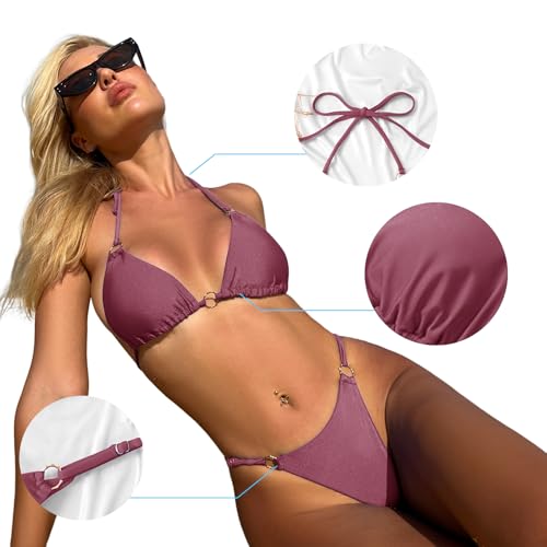 Image of MIKETAI Sexy Bikinis for Women 2 Piece Bikini Spaghetti Strap Swimsuits Solid Color Bathing Swimwear Triangle Bathing Suit
