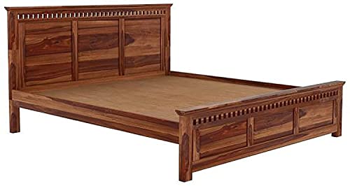 Image of Sheesham Wood Queen Size Bed Without Storage Wooden Double Bed for Bedroom Living Room Home and Hotels (Teak Finish)