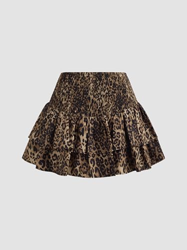 CIDER Mini Skirt Leopard Print Ruffle Hem Mid Waist Short Skirt Layered A Line Shirred Skirts for Women4