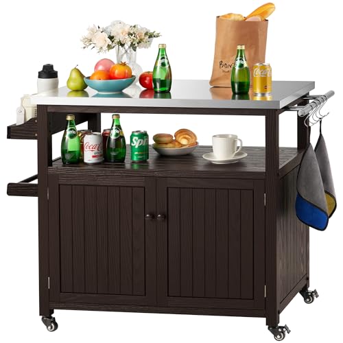 AHB Outdoor Grill Table Solid Wood Storage Cabinet Rolling Kitchen Island Movable Bar Cart with Stainless Steel Top for Outside Patio Backyard Garden Two Doors