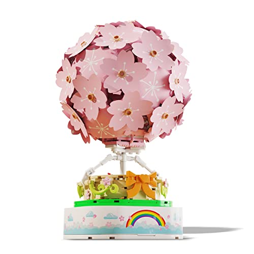 Rotating Music Box Model Building Kits with LED Lights,Sakura Hot Air Balloon Building Bricks,for Home Decoration,Girl,Birthday, Anniversary,Christmas, Valentine's Day..Gift(718 Pieces)
