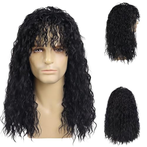 GNIMEGIL 20 Inch 80s Punk Hairstyle Long Curly Jet Black Viking Wigs For Men Heavy Metal