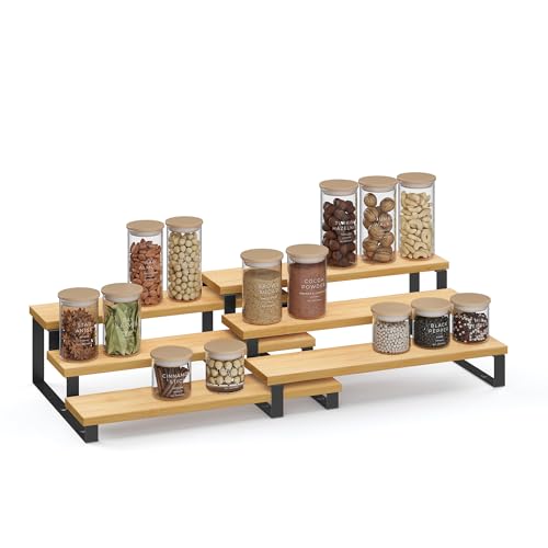 SONGMICS Étagère à Épices, Lot de 2, Étagère de Rangement, Porte-épices Extensible à 3 Niveaux, Bois d’Ingénierie, Empilable, pour Placard, Cabinet,...