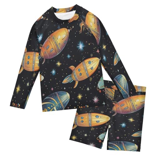 Space Airship Star Boys Swimsuit Rash Guard Toddler Kids Long Sleeve Swim Shirt and Trunks Swimwear Set 3-10Y