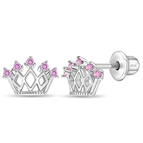 In Season Jewelry Crown Princess CZ Kids Earrings - 925 Sterling Silver Hypoallergenic Earrings for Girls with Safety Screw Backs - Safe & Comfortable for Toddlers, Kids & Little Girls, Pink