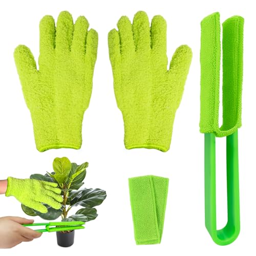 4 PCS Plants Cleaning Set Include 2 PCS Microfiber Gloves for Plant Dusting 1 PCS Leaf Cleaner Tong with 2 PCS Separate Cloth Covers Reusable Microfiber Sleeves and Gloves Plants Cleaning Set