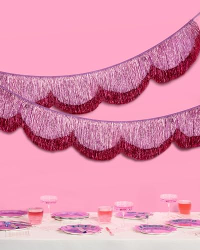 Image of xo, Fetti Pink Scalloped Layered Fringe Banner - 5 Ft. | Bachelorette Party Decorations, Birthday Party Decor, HBD Decor, Photo Booth Banner Backdrop