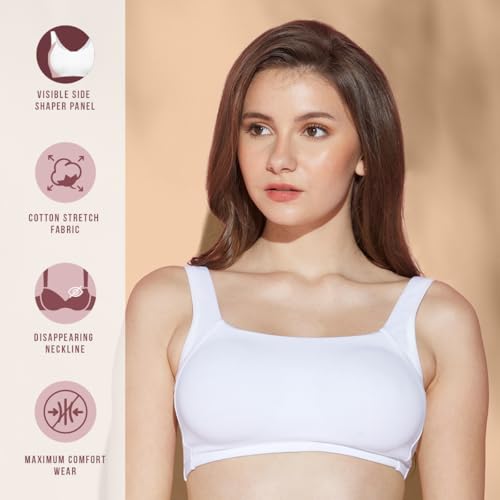 Image of NYKD NYB158 Non Wired & Full Coverage Square Neckline Slip On Bra for Women | Breathable Cotton Stretch Fabric with Disappearing Neckline & Visible Side Shaper Panel | Ideal for Everyday Wear