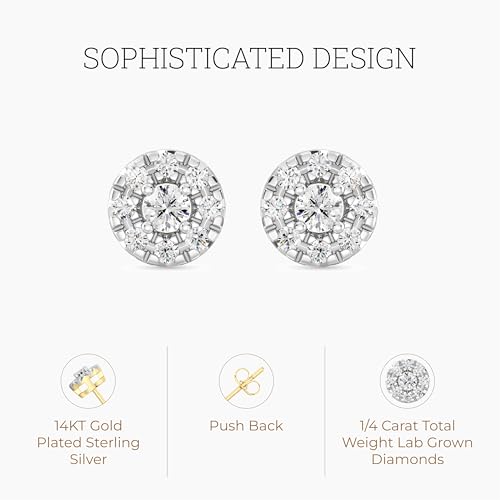 Gilded Lab-Grown Diamond Sterling Silver and 14KT Yellow Gold Plated Silver Stud Earrings for Women | Round Halo Shaped Studs | Hypoallergenic Fine Jewelry | Prong Setting, Push Back Nut | SI1 Clarity, F Color 1/4, 1/2, 3/4, 1 Carat Total Weight3