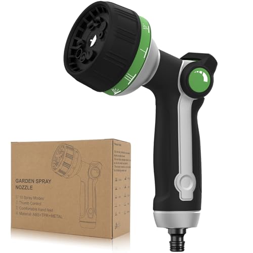 Metal Hose Pipe Spray Gun Heavy Duty Hose Nozzle with 10 Adjustable Spray Patterns High Pressure Garden Hose Spray Gun Thumb Control On Off Valve for Lawn & Plant Watering Car & Pet Washing