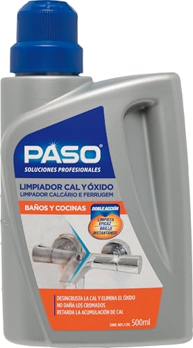 PASO - Limpiador de Cal y Óxido - Doble Acción: Limpieza Eficaz y Brillo Instantáneo, No Daña Cromados, Desincrustante que Retarda la Acumulación de Cal - 500ml
