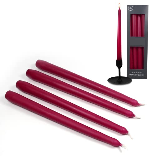 Candelo - Juego de 4 velas puntiagudas, color rojo vino, 24,5 cm, 7 horas, duración de combustión, para candelabros y candelabros, velas
