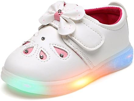 Kids Girls will shine shoes LED flash sports shoes bow flat shoes (Toddler 8M, Withe)