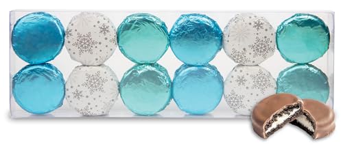 Image of Chocolate Covered Cream Filled Cookies by Chocolate Works, Gourmet Christmas Chocolate Gift Box, Milk Chocolate Coated Cookies, Blue, 12 Premium Belgian Chocolate Treats