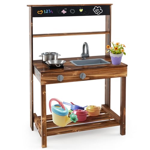 HOMASIS Jouet Cuisine pour Enfants en Bois d'épicéa, Cuisine de Sapin extérieure pour Enfants avec Tableau, évier, Cuvette et Pot, Cadeau pour Enfants de Plus de 3 Ans, 65 x 40 x 96 cm, Marron