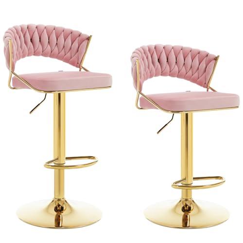 WOLTU Taburete de Bar Juego de 2, Taburete Cocina Giratorio con Respaldo Entrelazado y Reposapiés, Terciopelo, Rosa