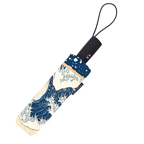 Raincaper Windproof Auto Open/Close 43" Coverage Folding Travel Umbrella Fine Art Hokusai The Great Wave Reinforced Rib Travel Umbrella With Matching Sleeve #TOP2