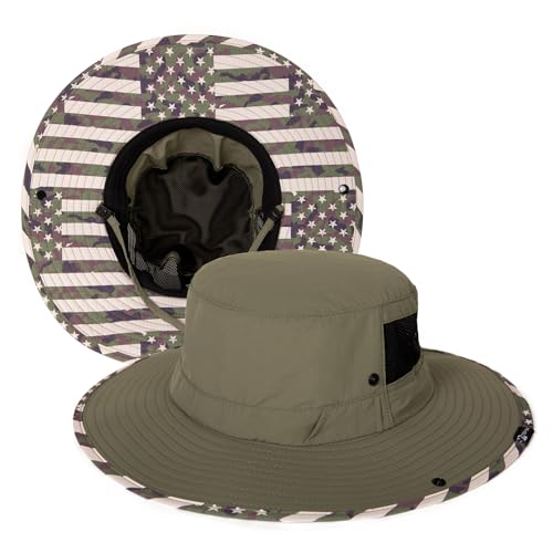 TOP-EX UVCoolix Bucket Hat for Men Cooling Sun Hat Wide Brim Fishing Boonie Hat Breathable Mesh Chin Strap Olive - Camo Flag M/L