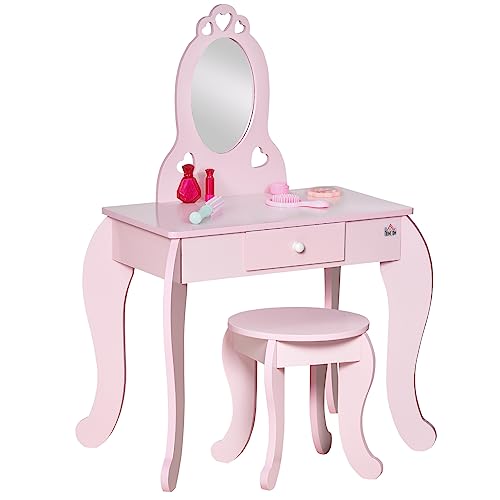 HOMCOM Tocador Infantil de Madera para Niñas de 3-6 Años con Taburete y Espejo Tipo Princesa Mesa de Maquillaje para Niñas con Cajón para Dormitorio 60x36x88 cm Rosa