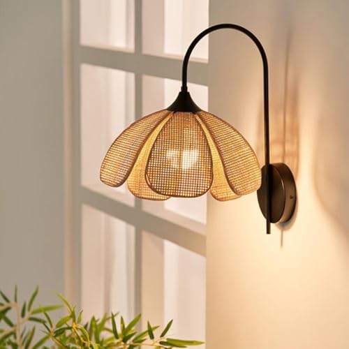 Bofea-Boho Rattan Wall Sconce Black Hard-Wired Wall Lamp,Handmade Creative Rattan