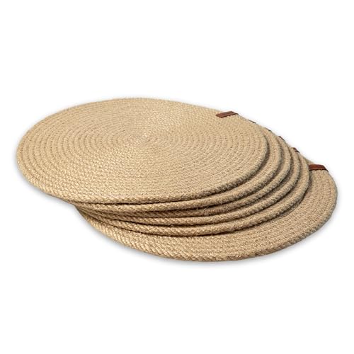 Round Placemats Set of 6, Handmade by Braided Natural Jute for Kitchen and Dining Table, Dia. 12.6 Inch, Heat Resistant, Doublesided, Light Brown