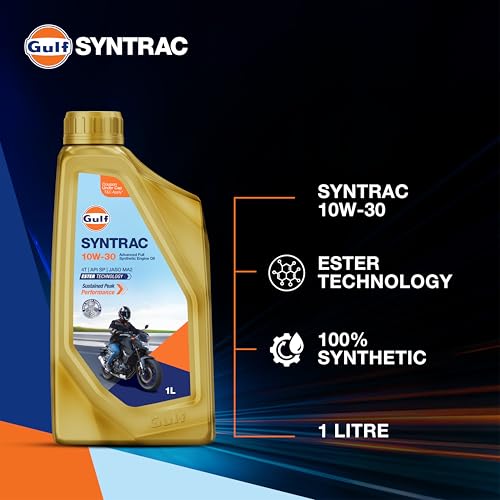 Image of Gulf SYNTRAC 10W-30 4T API SP, JASO MA2 | Ester Technology | 2 Wheeler Bike Advanced 100% Full-Synthetic Engine Oil (1 L, Pack of 1)