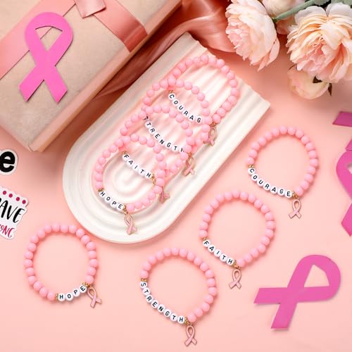 Tondiamo 32 Pcs Breast Cancer Awareness Bracelets Pink Ribbon Bracelet Acrylic Jewelry Gifts Hope Faith Courage Strength Woman Beaded Strand for Survivor Support Campaign Cancer Patients3