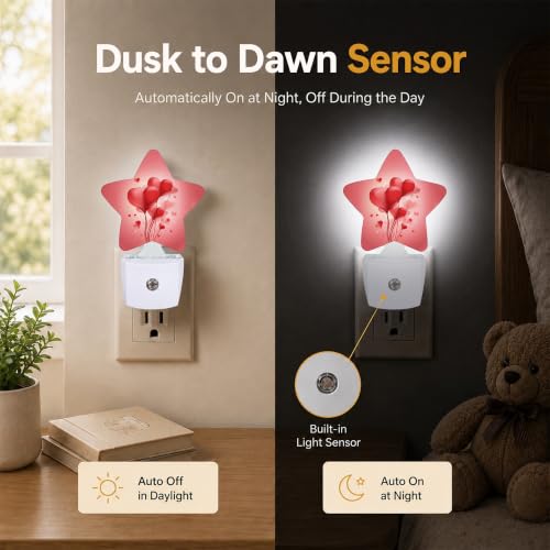 Image of Star Night Light Plug in, Love Heart Dusk to Dawn Sensor Night Light, Soft Glow Lamp for Kids Bedroom Nursery Hallway Bathroom, Energy Saving Compact Design