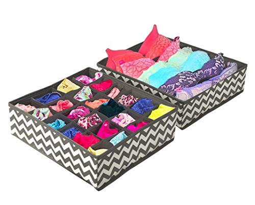 Image of Set of 4 Fabric Foldable Closet Drawer Dividers Wardrobe Under Bed Organizer for Clothes, Shoes, Undergarments, Bra, Socks Bra Tie Scarfs (Grey Wave)