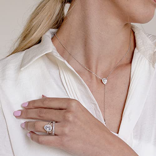 espere Platinum Plated Teardrop CZ Solitaire Engagement Ring in Sterling Silver Size 5-94