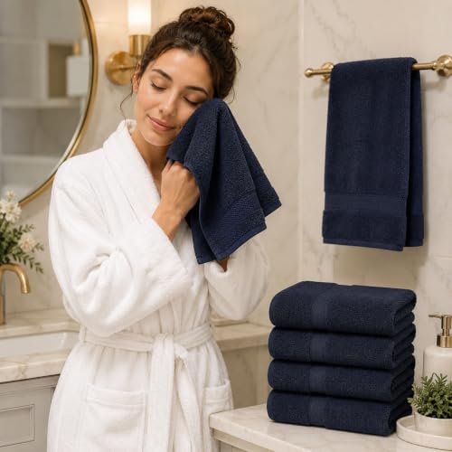 Image of Sulfar 100% Combed Cotton, Quick Drying Highly Absorbent Thick Bathroom Towels, Luxury Bath Towel Set (Pack of 4, 70 X 140 cm) - 600 GSM (Navy)