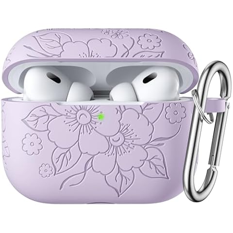 IMIVIO Flower Engraved Case Compatible with Airpods Pro 2nd Generation Case, Front LED Visible, Soft Silicone Skin Full Protective Case with Keychain for AirPods Pro Case 2nd/1st Generation, Lavender Cover