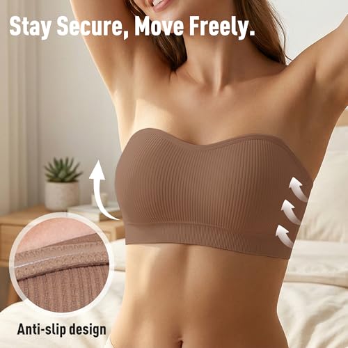 Image of Zimcti Strapless Bras for Women-Non Slip Silicone Grip Bandeau, Wirefree Seamless Tube Top, Removable Pads, Clear Strap