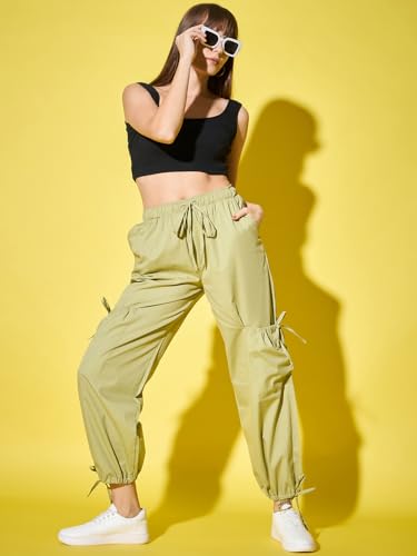 Image of DIMPY GARMENTS Solid Cotton Blend Women's Cargo Pants | Adjustable Tie-Side Cargo Pockets