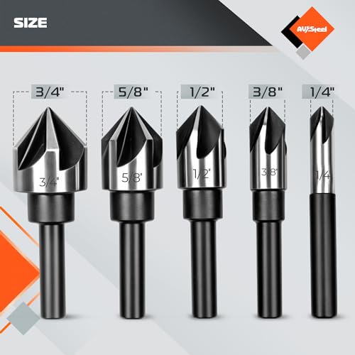 Av Steel AV - 500105 Countersink Drill Bit Set, Countersink Bit, Hss4241 Counter Sink, 82 Degree Countersink 1/4'' 3/8'' 1/2'' 5/8'' 3/4'', 5 Flute Pcs For Wood, Plywood, Plastic, Mild Steel thumb #1