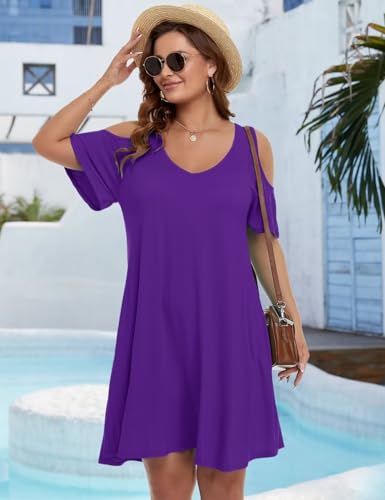 Image of JollieLovin Womens Plus Size Short Sleeve Cold Shoulder V Neck T-Shirt Dress with Pockets