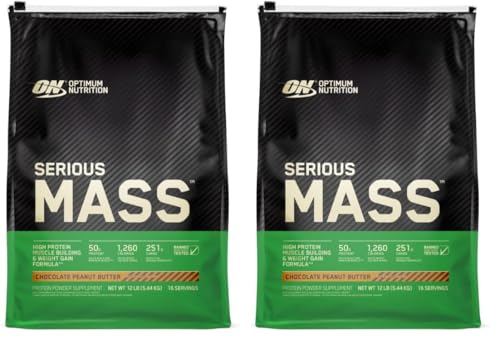 Image of Optimum Nutrition Serious Mass, Weight Gainer Protein Powder, Mass Gainer, Vitamin C and Zinc for Immune Support, Creatine, Chocolate Peanut Butter, 12 Pound (Packaging May Vary) (Pack of 2)