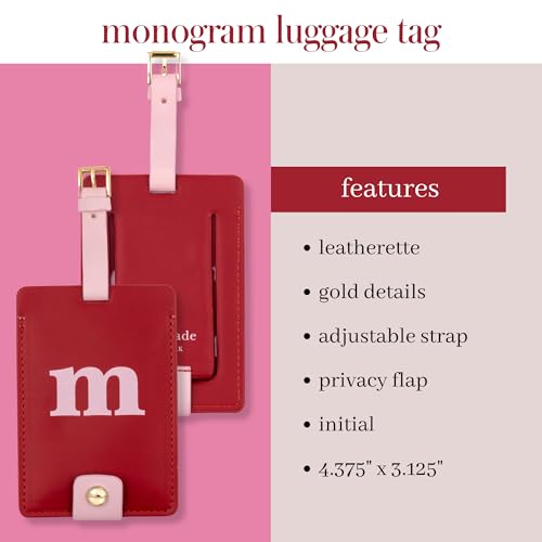 Kate Spade New York Leatherette Luggage Tag with Secure Strap, Colorful Suitcase Identifier for Travel, Monogram Bag Tag ID (M)3