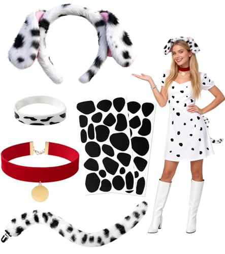 BIAOKS Dalmatian Costume Accessories Set Dalmatian Ears Headband Tail Red Choker Collar Black Felt Spot Stickers & Silicone Wristband Halloween Dog Cosplay Outfit