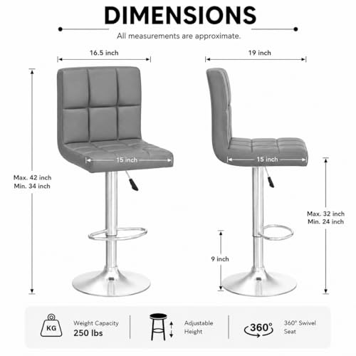 Image of Kemon KaiMeng Modern Adjustable Swivel Bar Stool Chair with Backrest, PU Leather Hydraulic Counter Stool with Footrest for Kitchen Island, Cafe & Home Bar, Grey, Square Tufted Back Stool