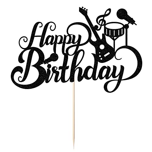 Sleyberoy Rock Music Happy Birthday Cake Toppers - Guitar Drum Rock Themed Party, Music Social Media Themed Party Decorations, Happy Birthday Party Decorations For Men And Women (Black Glitter) #TOP2